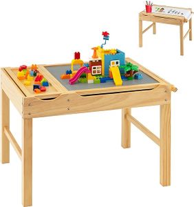 COSTWAY Detský stôl 2 v 1 s obojstrannou doskou, borovicový stôl na hranie s úložným priestorom, bočnou lištou a rolkou na papier, stôl na aktivity Lego stôl pre deti od 3 rokov (prírodný)