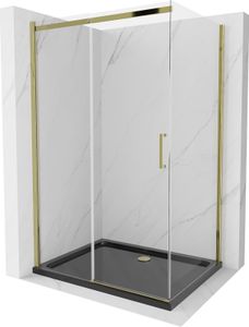 Mexen Omega rozsouvací sprchový kout 120 x 90 cm, Průhledné, Zlatá + sprchová vanička Flat, Černá - 825-120-090-50-00-4070G