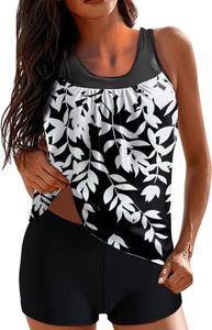 Tankini Damen Bauchweg Badeanzug Set,Zweiteiliger Große Größen Bademode Push Up Tankini Oberteil mit Badeshorts Strandmode Badekleid Sommer Badeanzug für Frauen, Q