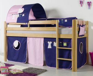 Hochbett ALEX Kinderbett Spielbett Bett Natur Stoffset Kleider, Matratze:ohne