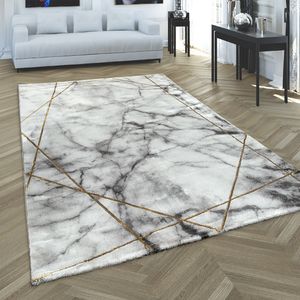 Teppich Wohnzimmer Kurzflor Modernes Abstraktes Muster Marmor Optik Grau Gold  Grösse 80x150 cm