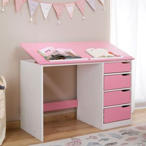 Kinderschreibtisch aus massiver Kiefer in weiß/rosa, praktischer Schreibtisch mit neigungsverstellbarer Tischplatte, schöner Jugendschreibtisch mit 4 Schubladen