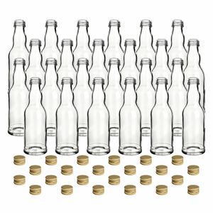 gouveo 24er Set Glasflaschen 200 ml Kropfhals mit Deckel goldfarben - Kleine Flasche zum Befüllen - Leere Schraubflasche für Likör, Saft, Smoothie