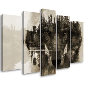 Feeby Leinwandbild 5-teilig auf Vlies Wolf Tiere Schwarz & Weiß 200x100 Wandbild Bilder Bild