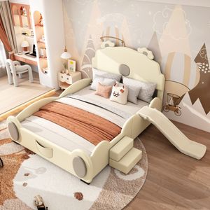okwish Kinderbett Plattformbett 140×200 cm mit Leiter und Rutsche, Polsterbett Funktionelles für Jungen und Mädchen, Doppelbett mit LED-Farbwechsellicht und Kopfteil in Bärenform, Beige(Ohne Matratze)