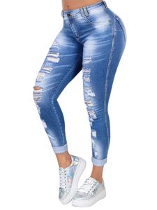 Damen Ripped Frayed Jeans Denim Lange Hosen Skinny Schlank Passen Hose Übergröße,Farbe:Hellblau,Größe:M