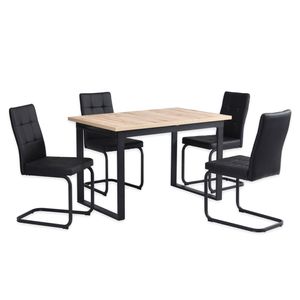 B&D home Essgruppe 5-teilig, Esstisch mit 4 Stühlen, ausziehbar 120-160x80x77 cm, Tischplatte in Sandeiche Optik, mit Kufengestell, Freischwinger Kunstleder schwarz