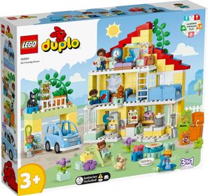 LEGO 10994 DUPLO 3-in-1-Familienhaus, Puppenhaus aus Bausteinen mit Push&Go Auto, 5 Figuren, 2 Tieren und  Spielzeug-Lampe, Spielhaus Geschenk für Kleinkinder, Mädchen und Jungen ab 3 Jahren