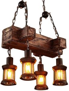 Pendelleuchte Holz Hängeleuchte Retro Vintage Pendellampe Höhenverstellbar Loft Kronleuchter 4 Lichter Hängelampe für Esszimmer Wohnzimmer Bar Cafe (Ohne Birne)