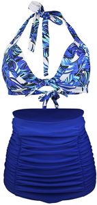 Damen Retro 50er Jahre Neckholder High Waist Ruched Bikini Badeanzug(XL,blau)