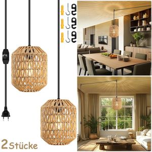 2x Rattan Hängelampe mit Stecker Boho Pendelleuchte Lampenschirm Lampe Hängend Umgebungslicht Nachtlicht Schlafzimmer Nachttisch Balkon Deko