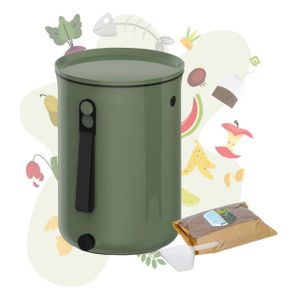 Skaza Bokashi Organko 2 | Preisgekrönter Küchenkompostbehälter aus recyceltem Kunststoff | 9.6 L | Starter Set für Küchenabfälle und Kompostierung | mit EM Bestreuung 1 kg | Olive Grün