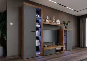 FURNIX Mediawand RIVAY Wohnwand Wohnzimmer-Schrank mit TV Lowboard Vitrine, Highboard, Regal 4-tlg. 270 cm breit modern Lefkas - Graphit