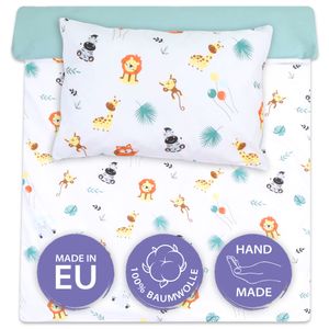 Baby Bettwäsche set 100 x 135 cm - Set Kinderbettwäsche Kissen 40x60 und Bettdecke  Safari mit Salbei