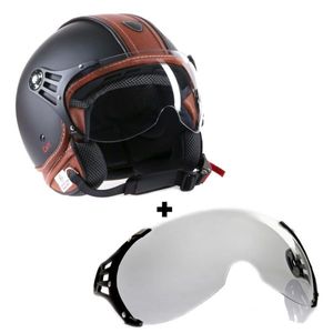 Motorradhelm Jethelm Rollerhelm CMX Hazel matt schwarz mit Leder braun inkl. Visier klar  "S"