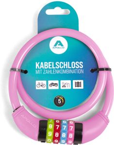 Apollo Fahrradschloss mit Zahlen für Kinder, 10x650 mm, Scooter Schloss,Zahlenschloss - pink