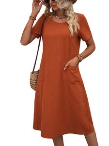 Damen Sommerkleider Kurzarm Kleid Einfaches Midikleid Lose Einfarbig Freizeitkleider Orange,Größe L