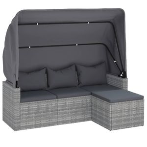 vidaXL Zahradní pohovka pro 3 osoby se stříškou a podnožkou Grey Poly Rattan