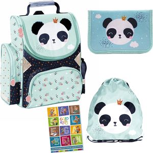 Schulranzen Set Panda Motiv ergonomischer Ranzen Federmappe Turnbeutel Aufgabenheft für die Grundschule 4er Set. Geeignet ab der ersten Klasse der Grundschule