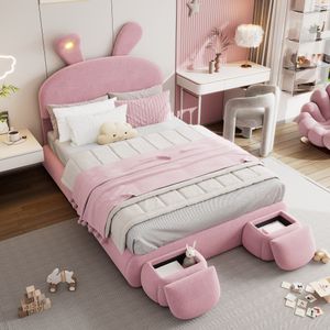 okwish Kinderbett Boxspringbett 140×200 cm mit Helligkeit warmfarbenen Lichtstreifen und Bettkasten Stauraum, Polsterbett Stauraumbett mit zwei Aufbewahrungshockernfür Jungen und Mädchen, Samt Rosa(Ohne Matratze)