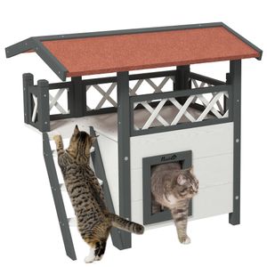 Domček pre mačky PawHut s asfaltovou strechou, dvojpodlažný, domček pre mačky s balkónom, vila pre mačky so schodmi, masívne drevo, biely, 77 x 50 x 73 cm