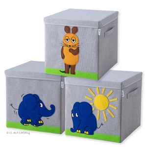 Lifeney meets "Die Maus" 3x Aufbewahrungsbox mit Deckel für Kinder  Boxen mit der bekannten Maus und dem beliebten Elefanten im 3er Set  33 x 33 x 33 cm passend für klassische Würfelregale
