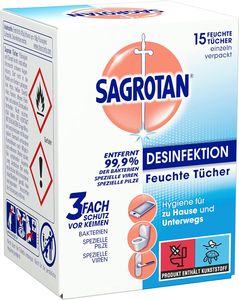 Sagrotan Feuchte Tücher zur Desinfektion – In praktischer Reisegröße für die schnelle hygienische Reinigung unterwegs – 5 x 15 Feuchttücher, einzeln verpackt