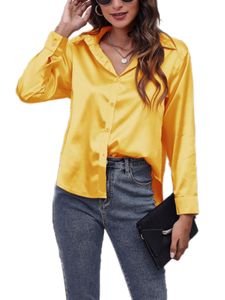 Damen Button Langarm Hemden Elegant Lässige Revers Langarmshirt Office Work Satin Blouse Gelb, S