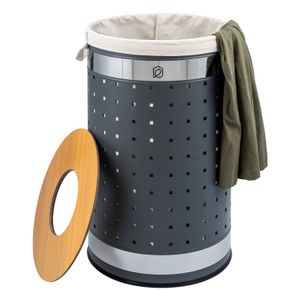eluno runde Wäschetonne, Wäschekorb, Wäschesammler mit waschbarem Wäschesack und abnehmbaren Deckel, 50 Liter Fassungsvermögen für Schlafzimmer, Badezimmer, Wäscheaufbewahrung aus Metall, grau