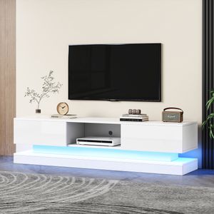 Merax TV-Lowboard mit 2 Schubladen und offenes Fach, TV-Schrank hochglanz Weiß, Fernsehtisch mit Anti-Kipp und APP Timer, TV-Board 160cm Breite
