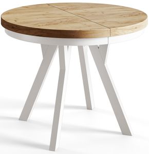 Kulatý jídelní stůl EVO, rozkládací průměr stolu: 100 cm až 200 cm, barva stolu v obývacím pokoji: CRAFT, s dřevěnými nohami v bílé barvě