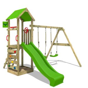 FATMOOSE Spielturm KiwiKey mit Schaukel & apfelgrüner Rutsche mit Sandkasten, Leiter & Spiel-Zubehör