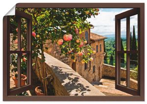 banepetkovic: Fensterblick - Rosen auf einem Balkon in San Gimignano, mit Toskanalandschaft im Hintergrund, Produkt:Poster, Größe (HxB):70x100 cm / Poster