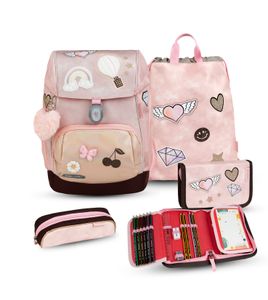 Belmil Premium ergonomischer Schulranzen Set 5 -teilig für Mädchen Für kleine Kinder, Erstklässler/Brustgurt, Hüftgurt/Magnetverschluss/Rosa (405-73/P/S Glam)