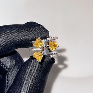 Herzförmiger Ring, lila, gelber Diamant, drei Liebes-Öffnungsring für Damen, mit 925-Stempel, Party, Geburtstag, Schmuck, Geschenk