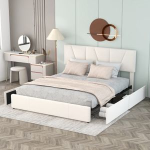 Łóżko tapicerowane Fortuna Lai 140x200cm z regulowanym zagłówkiem i 4 szufladami, podwójne łóżko z listwową ramą, funkcjonalne łóżko młodzieżowe z aksamitnym pokryciem, beżowe