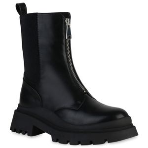 VAN HILL Damen Leicht Gefütterte Stiefeletten Plateau Boots Profil-Sohle Schuhe 837956, Farbe: Schwarz, Größe: 39