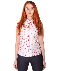 SugarShock Aniko retro Kirschen Mandarin Kragen Blusen Top, Größe:XL, Farbe:weiss rot