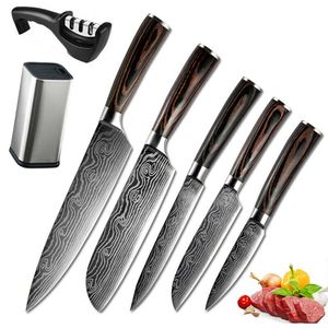 7tlg Messerset, Mit 3-Stufen Manuelle Messerschärfer, Messeretuis, Kochmesser Damaskus Messerblock Edelstahl Japanische Küchenmesser