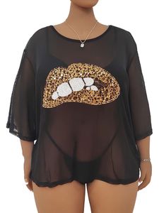 Damen Negligés 3/4 Ärmeln Bluse Tops Mesh Plus Size Badeanzug Lippen Druck T-Shirt Leopardenlippen,Größe 3XL