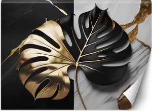 Vlies fototapete Monstera Gold/Schwarz auf Weiß/Schwarzem Hintergrund 450x315 cm Feeby Grau inkl. Kleber einfache Montage