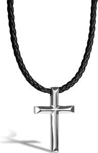 SERASAR | Echtes Leder-Halskette für Herren [Cross] mit Silber Stainless Steel | Farbe: Silber | Länge: 50cm