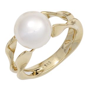JOBO Damen Ring 585 Gold Gelbgold 1 Süßwasser Perle Goldring Größe 56