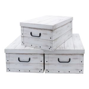 3er Set Aufbewahrungsbox mit Deckel 51 x 37 cm - Holzoptik weiß - Stapelbox aus Pappe mit Griffen 45 Liter - Organizer Storage Box Allzweck Spielzeug Kiste Geschenk Karton stapelbar