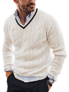 Herren Formelle Pullover Mit Zopfmuster Feste Farbe Sweatshirts Büro Arbeit Strickpulli V-Ausschnitt,Farbe:Weiß,Größe:L