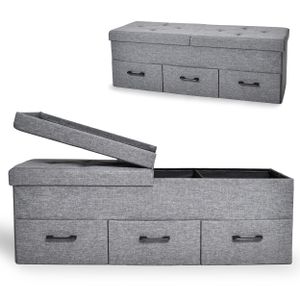 ONBEST Sitzbank mit Stauraum | 3 Schubladen | Grau | 110 kg | 110x40x36cm (BxHxT) | Leinenoptik | gepolstert | klappbarer Deckel