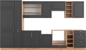 Vicco Küchenzeile Fame-Line, 355 cm ohne Arbeitsplatte, Anthrazit Landhaus/Goldkraft Eiche