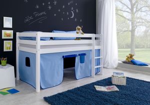 Relita Halbhohes Spielbett ALEX Buche massiv weiß lackiert mit Stoffset Vorhang , hellblau/blau