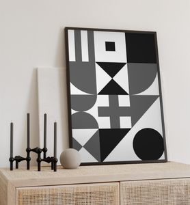 Poster Symbole schwarz weiß, groesse_poster:70x100 cm, groesse_rahmen:weiß 70x100 cm