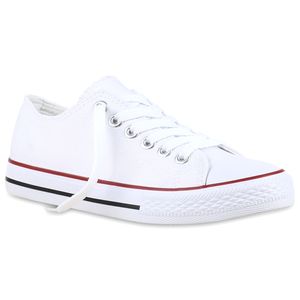 Mytrendshoe Damen Basic Sneakers Sportschuhe Schnürer Stoffschuhe 814644, Farbe: Weiß Rotstreifen, Größe: 39